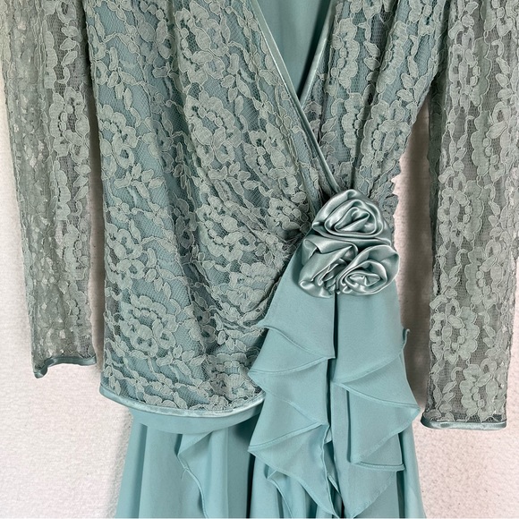 Vintage 70 80s Cheryl Kaye Sea Green Lace Asymmetric Cascading Ruffle Wrap Dress - Picture 4 of 16
